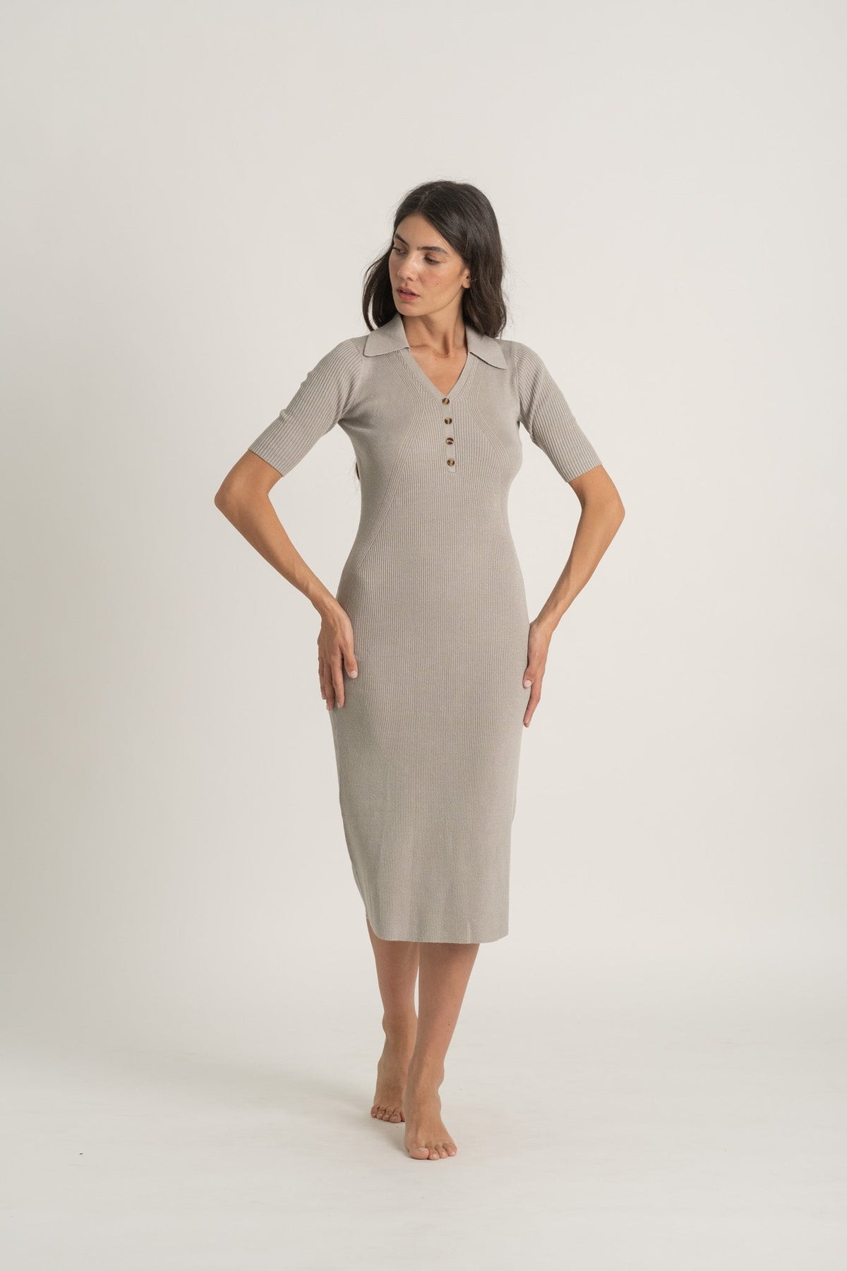 Ribbed Linen Midi Polo Dress in Pebble Grey