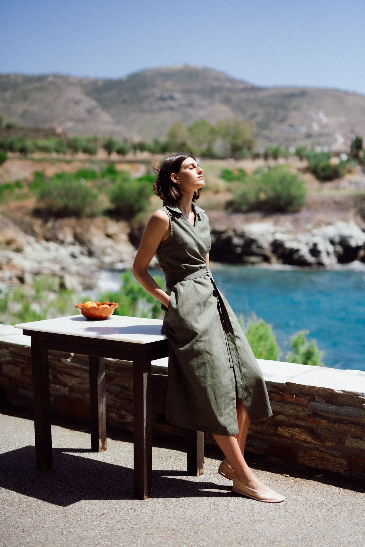 Cora Linen Wrap Dress Khaki