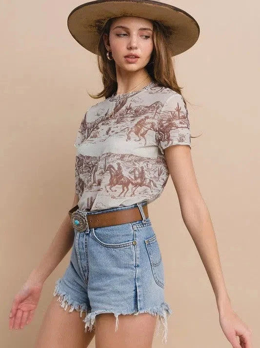 Cowboy  Short Sleeve Mesh Top