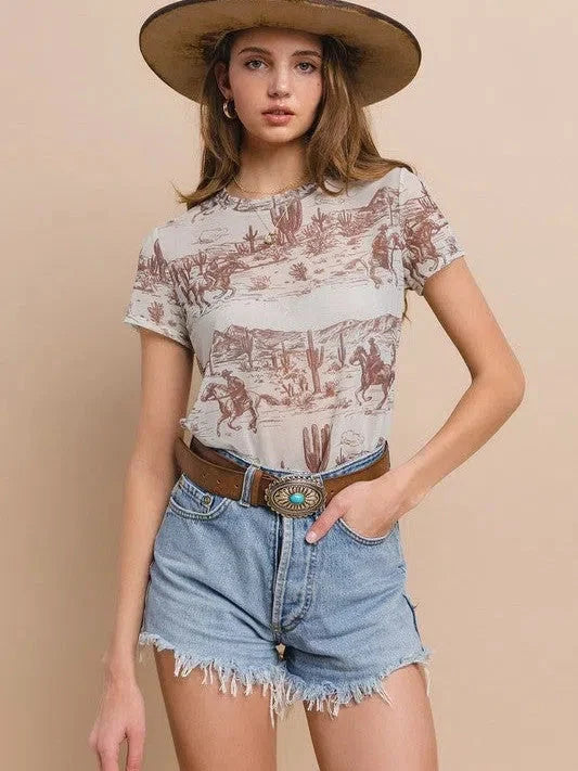 Cowboy  Short Sleeve Mesh Top