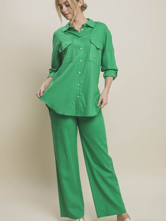 Linen Oversized Long Sleeve Button Down Shirt with Double Pockets
