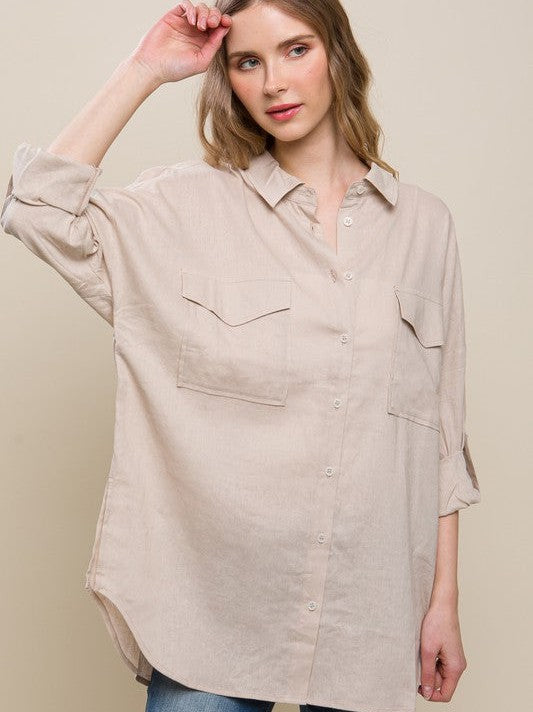 Linen Oversized Long Sleeve Button Down Shirt with Double Pockets