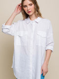 Linen Oversized Long Sleeve Button Down Shirt with Double Pockets