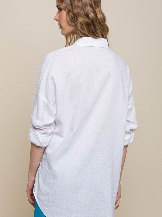 Linen Oversized Long Sleeve Button Down Shirt with Double Pockets