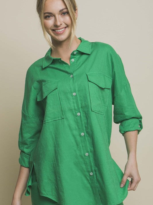 Linen Oversized Long Sleeve Button Down Shirt with Double Pockets