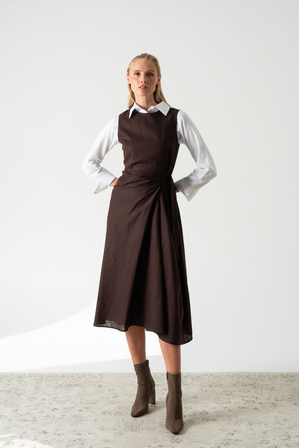 Linen Midi Wrap Dress Brown Espresso