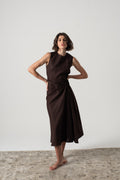 Linen Midi Wrap Dress Brown Espresso