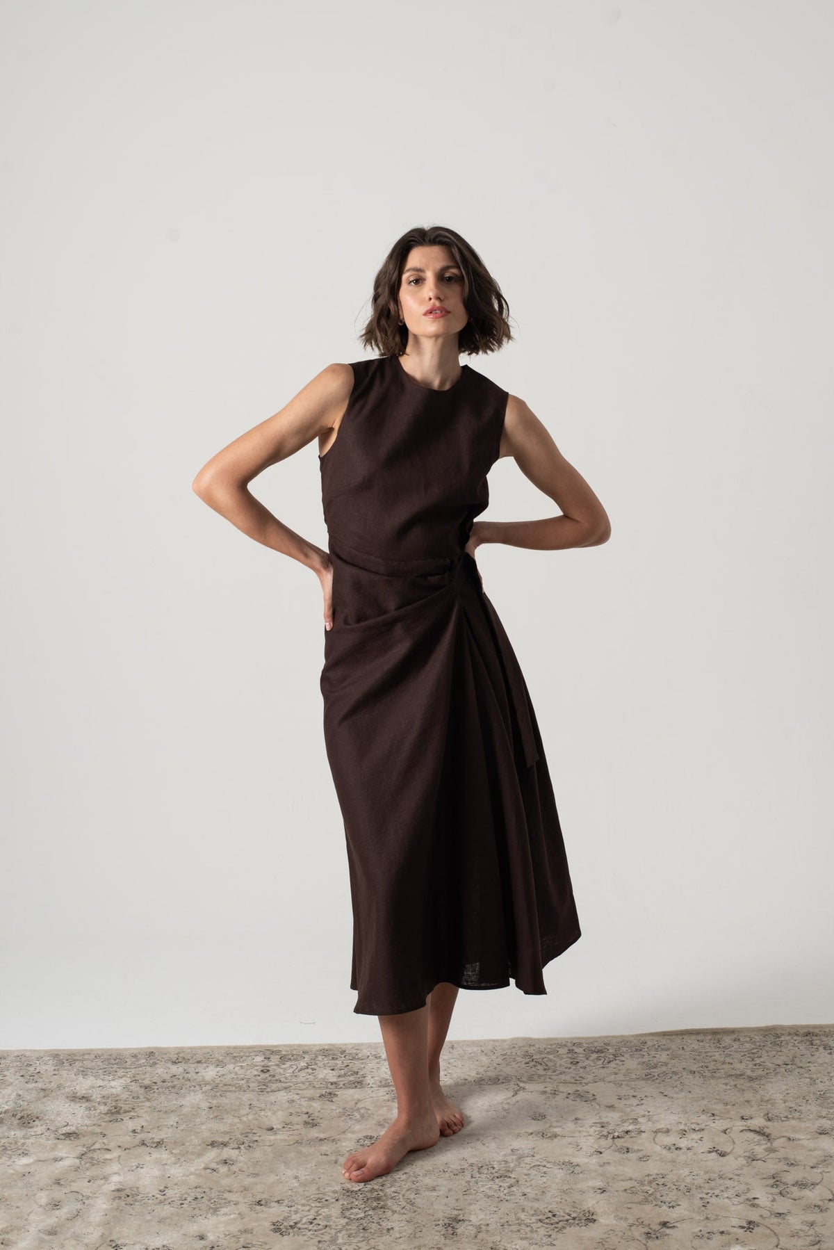 Linen Midi Wrap Dress Brown Espresso