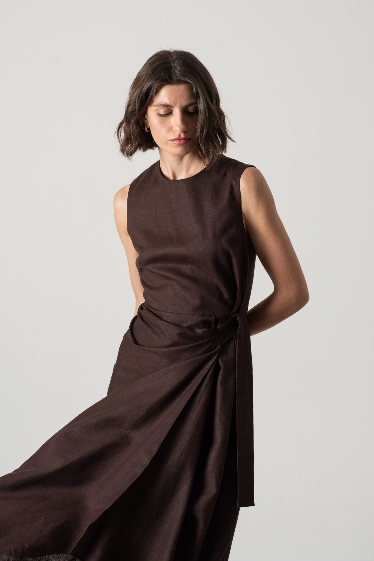 Linen Midi Wrap Dress Brown Espresso