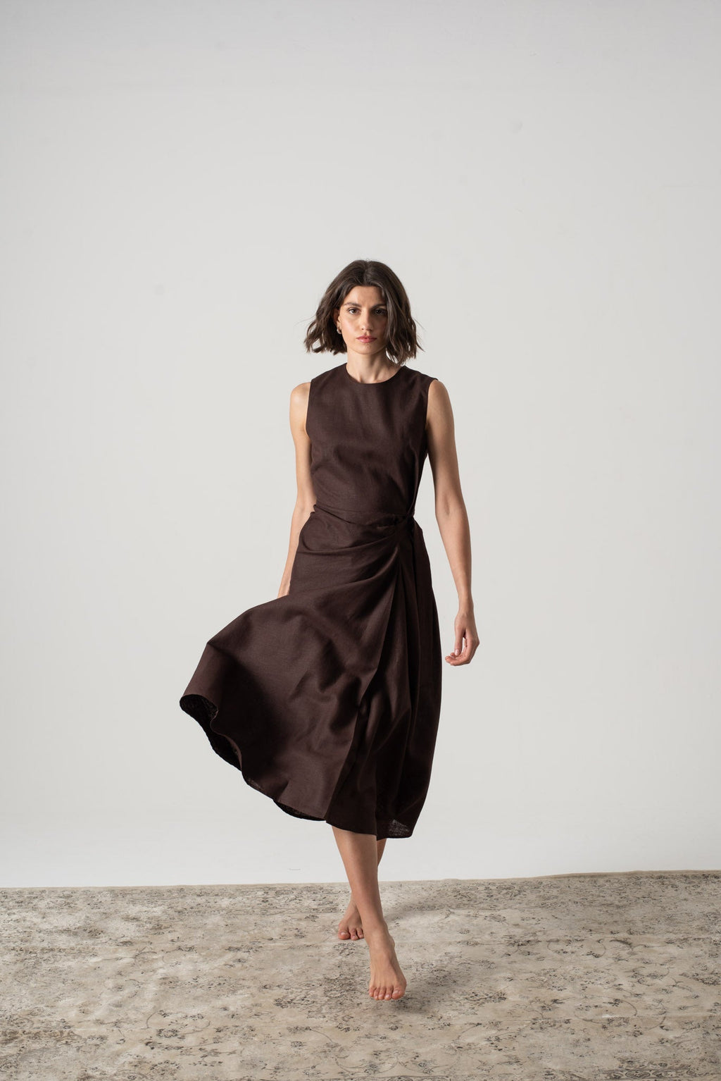 Linen Midi Wrap Dress Brown Espresso