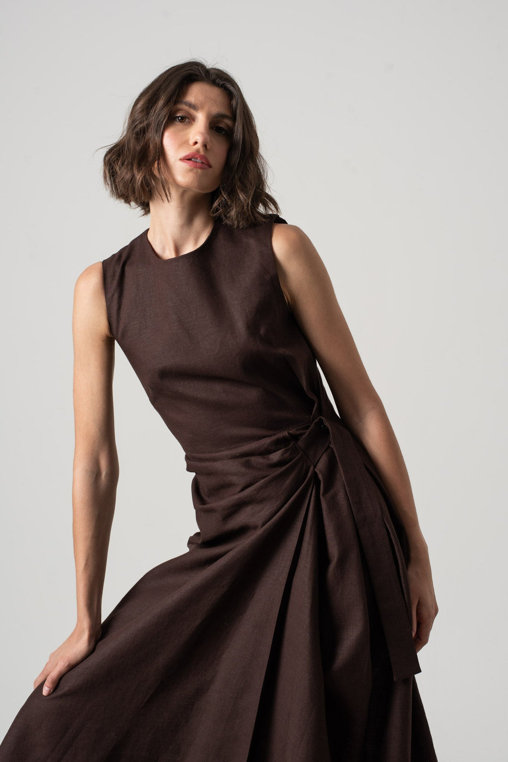 Linen Midi Wrap Dress Brown Espresso