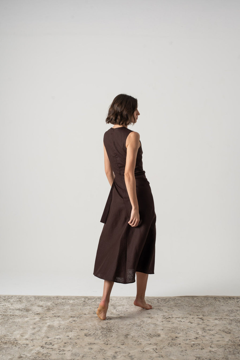 Linen Midi Wrap Dress Brown Espresso