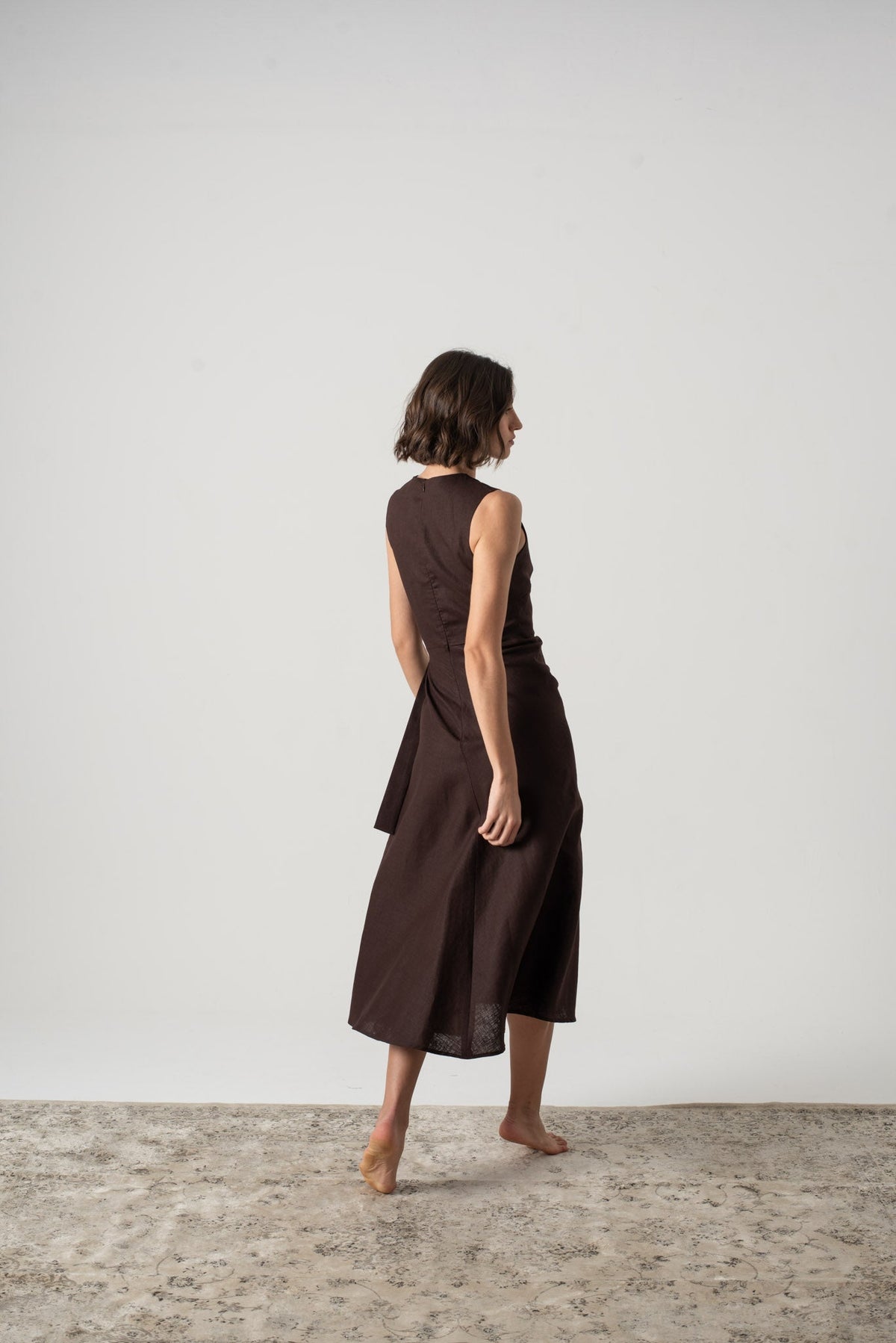 Linen Midi Wrap Dress Brown Espresso