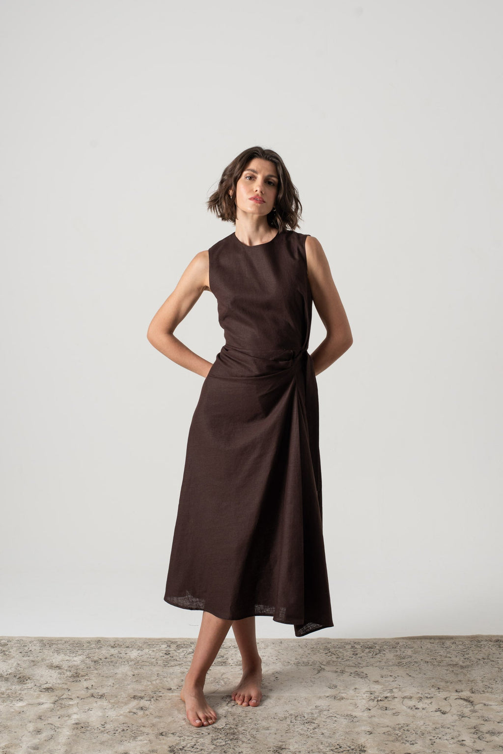 Linen Midi Wrap Dress Brown Espresso