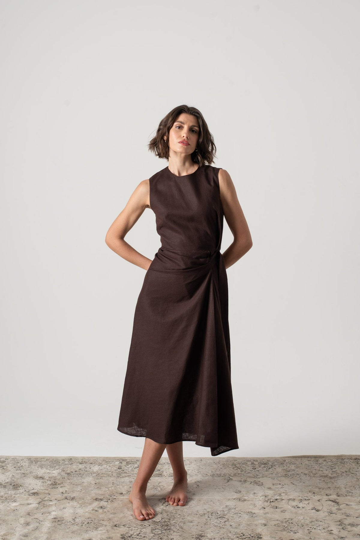 Linen Midi Wrap Dress Brown Espresso