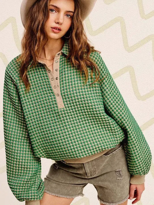 Two-Tone Textured Collared Pullover Top