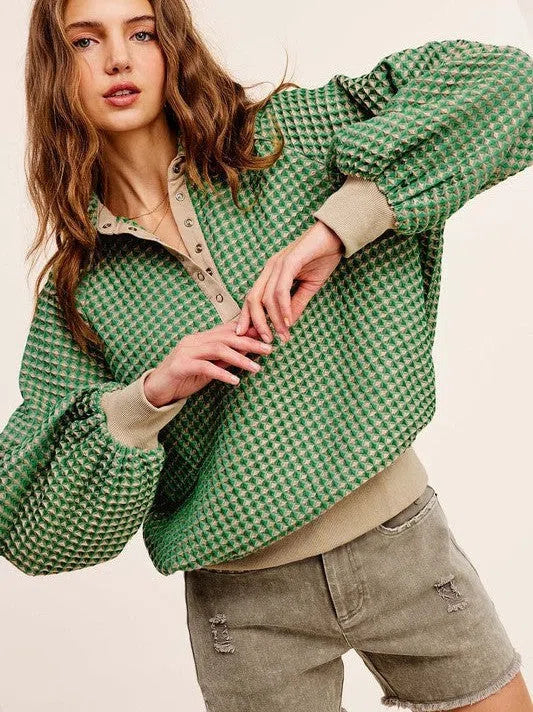 Two-Tone Textured Collared Pullover Top