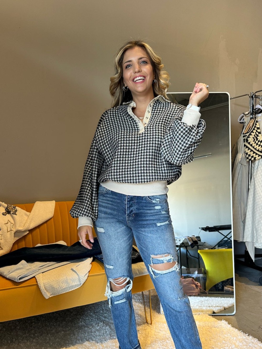 Two-Tone Textured Collared Pullover Top