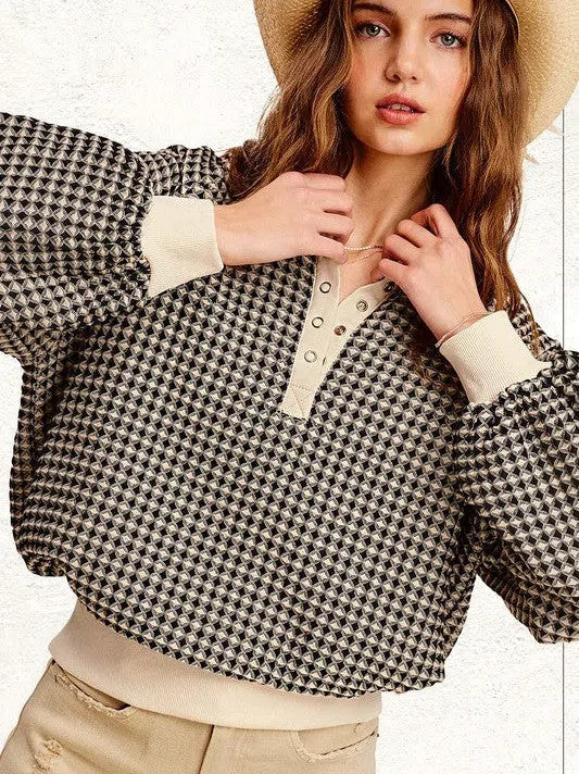 Two-Tone Textured Collared Pullover Top