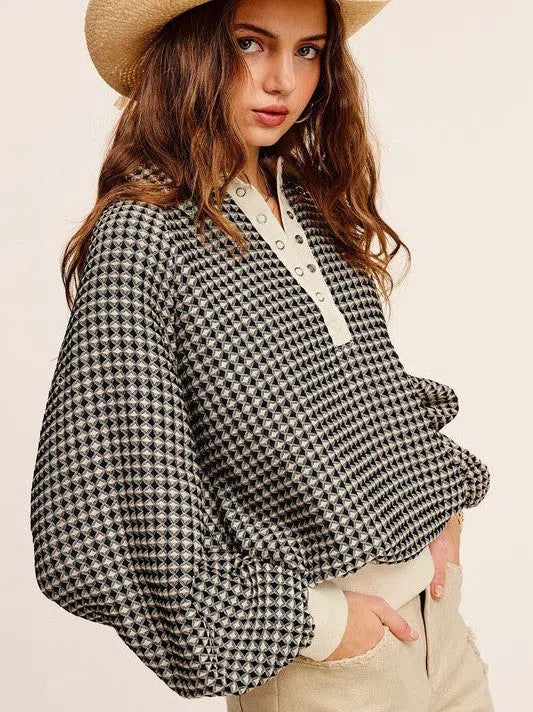 Two-Tone Textured Collared Pullover Top