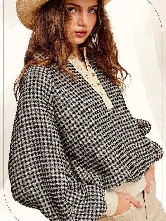 Two-Tone Textured Collared Pullover Top