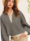 Two-Tone Textured Collared Pullover Top