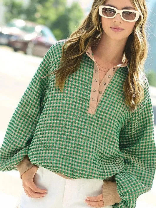 Two-Tone Textured Collared Pullover Top