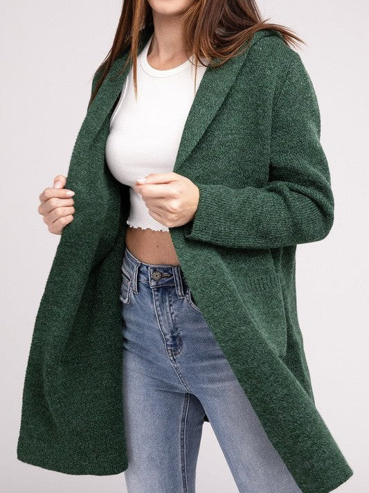 Front Hooded Long Cardigan with Front Pockets