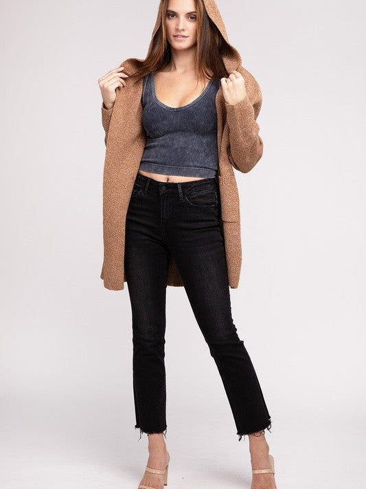 Front Hooded Long Cardigan with Front Pockets