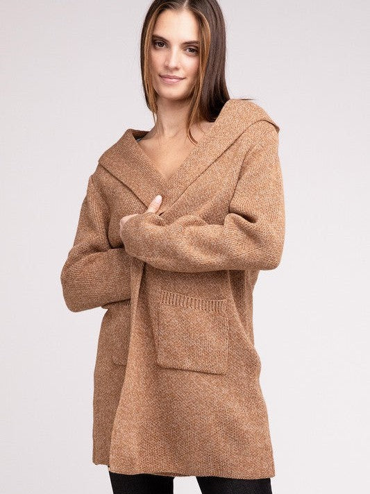 Front Hooded Long Cardigan with Front Pockets