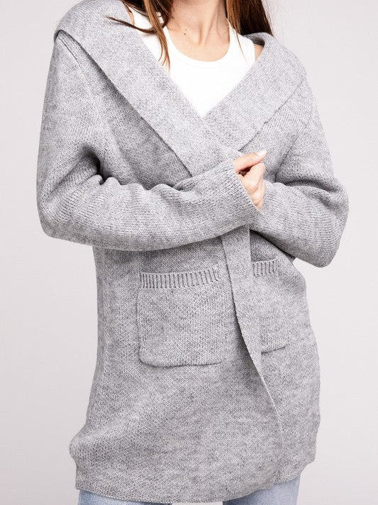 Front Hooded Long Cardigan with Front Pockets