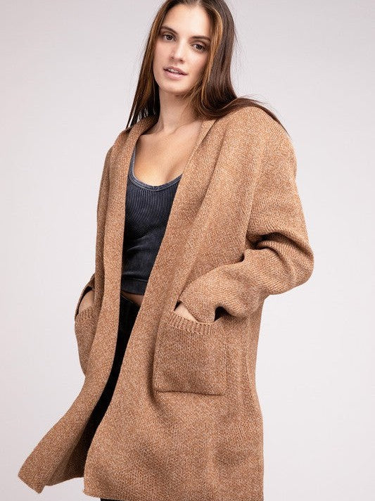 Front Hooded Long Cardigan with Front Pockets