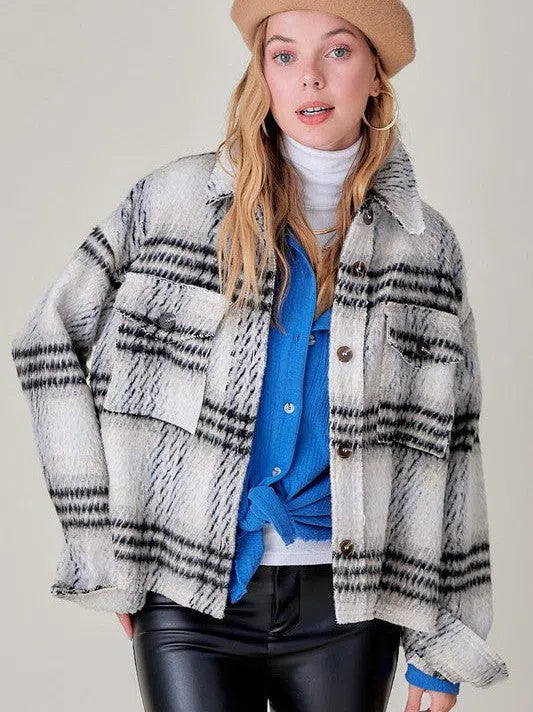 Plaid Cropped Shacket with Front Pockets