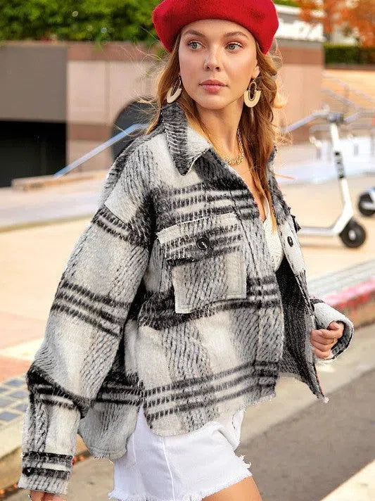 Plaid Cropped Shacket with Front Pockets