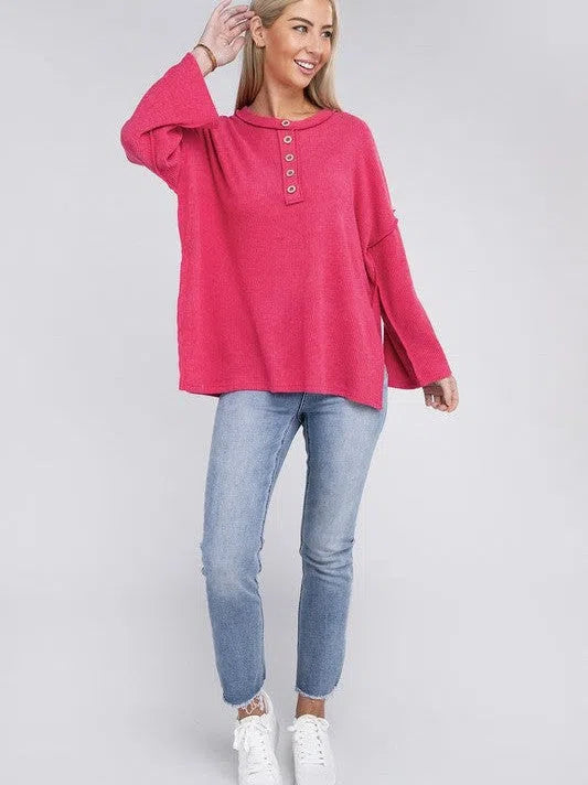 Ribbed  Brushed Button Sweater Top