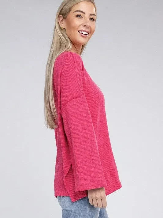 Ribbed  Brushed Button Sweater Top
