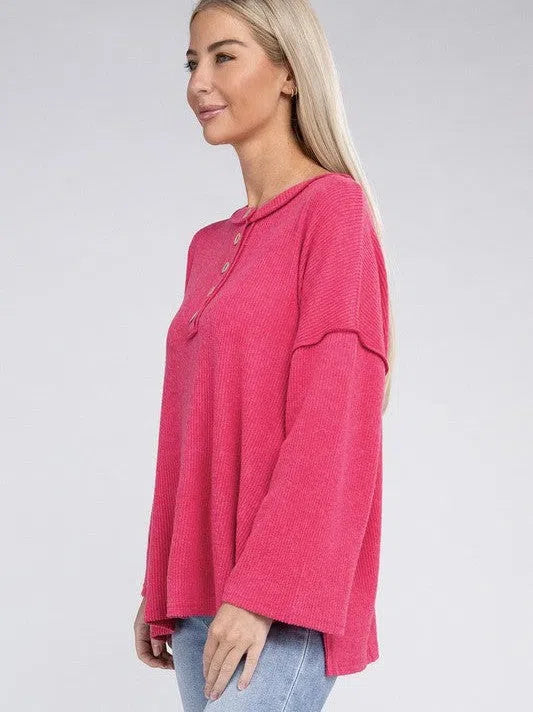 Ribbed  Brushed Button Sweater Top