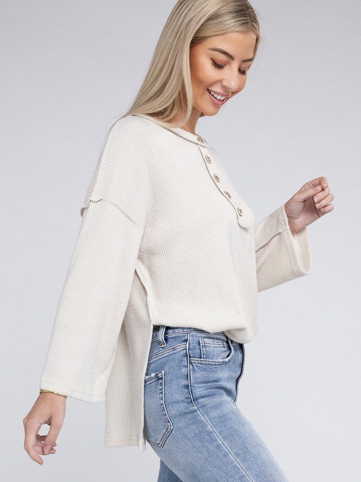 Ribbed  Brushed Button Sweater Top