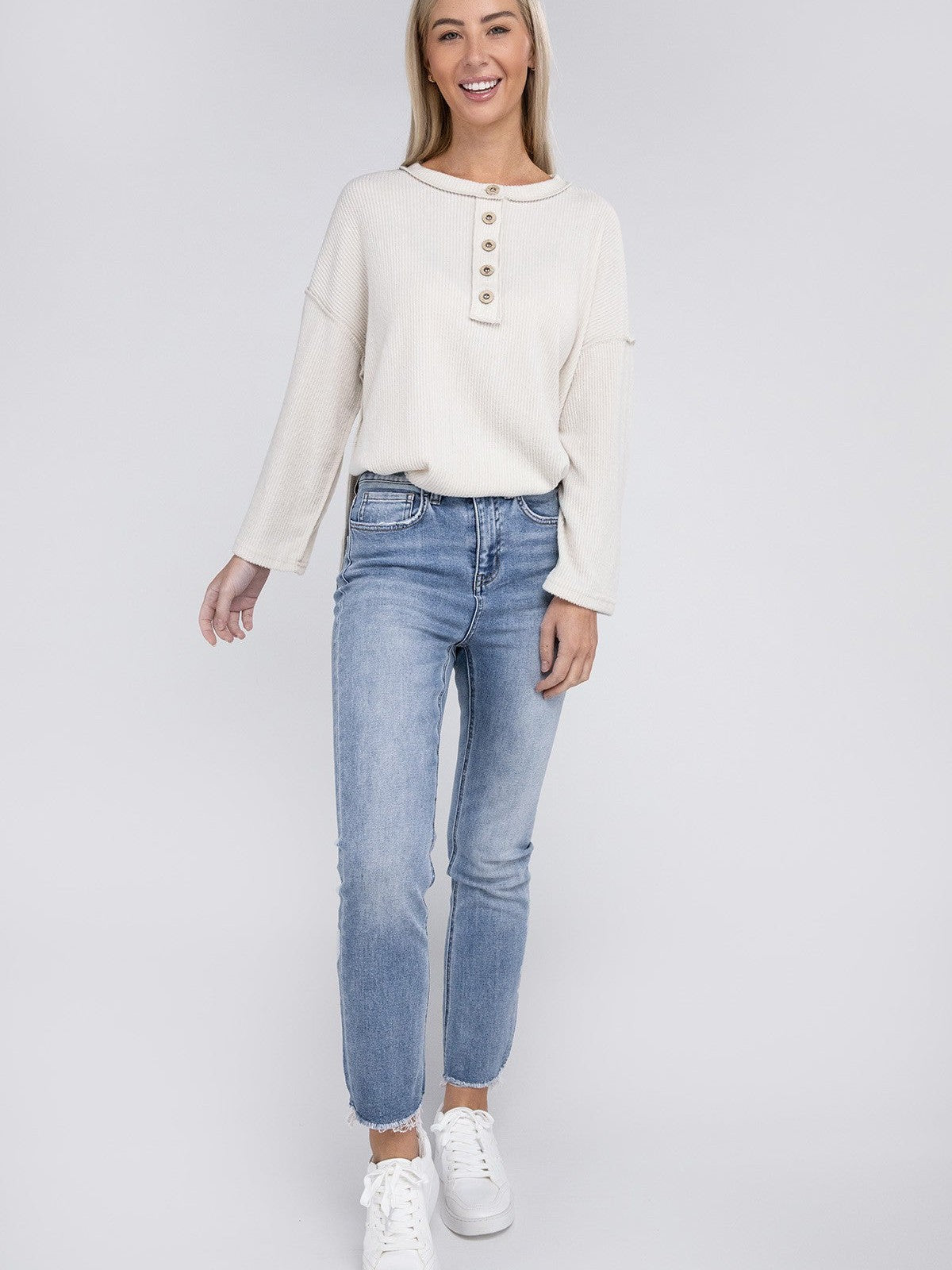Ribbed  Brushed Button Sweater Top