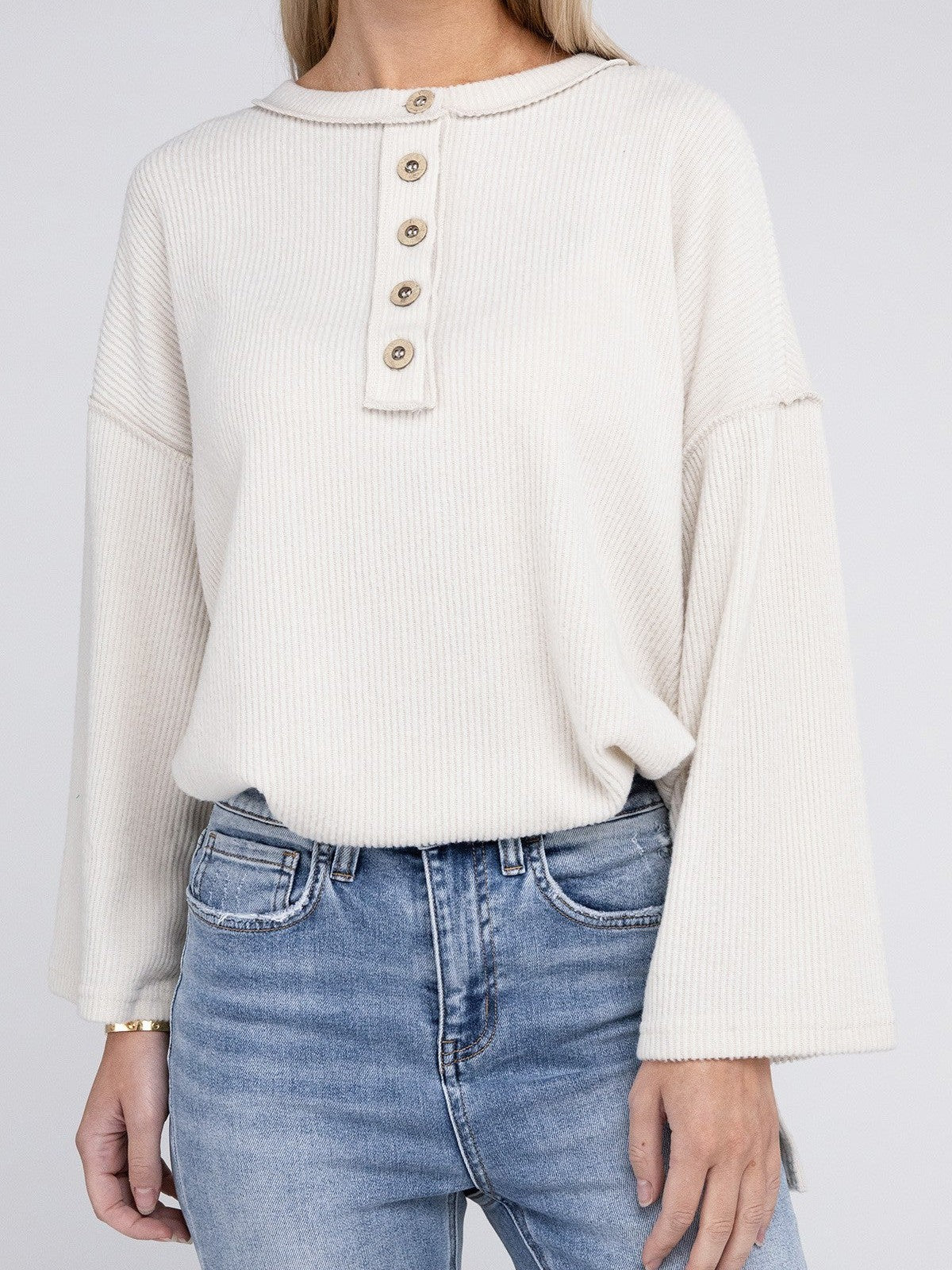 Ribbed  Brushed Button Sweater Top