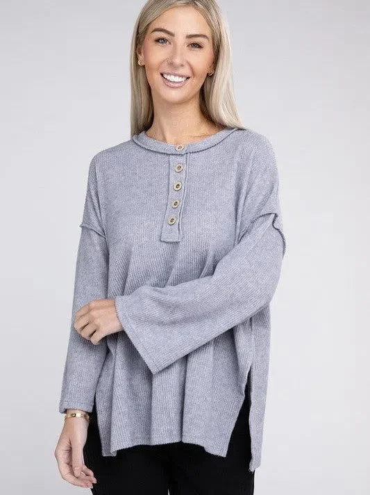 Ribbed  Brushed Button Sweater Top