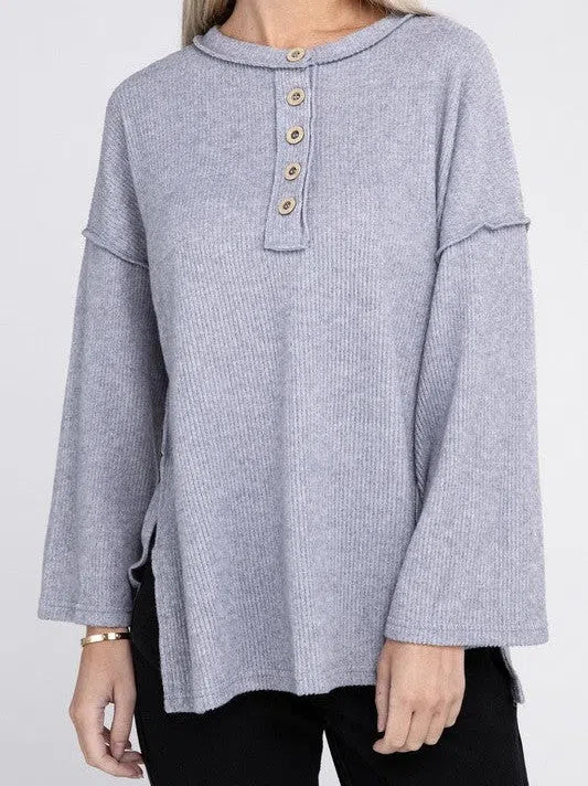 Ribbed  Brushed Button Sweater Top