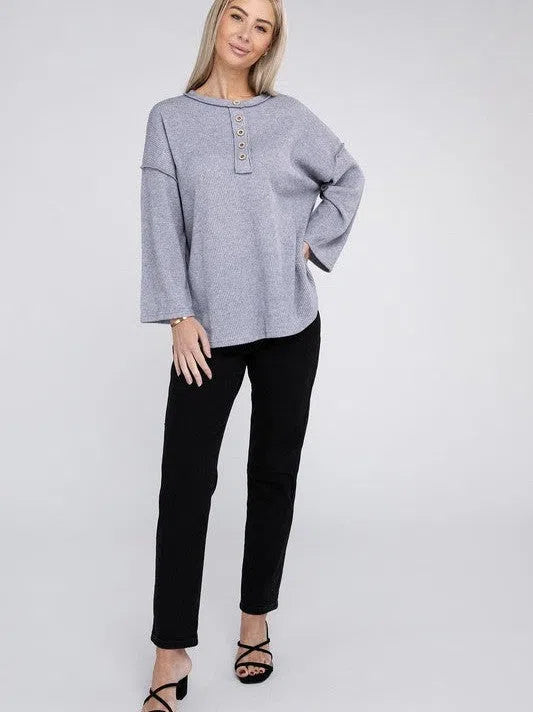 Ribbed  Brushed Button Sweater Top