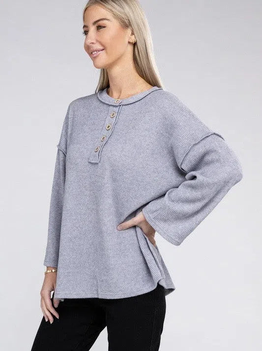 Ribbed  Brushed Button Sweater Top