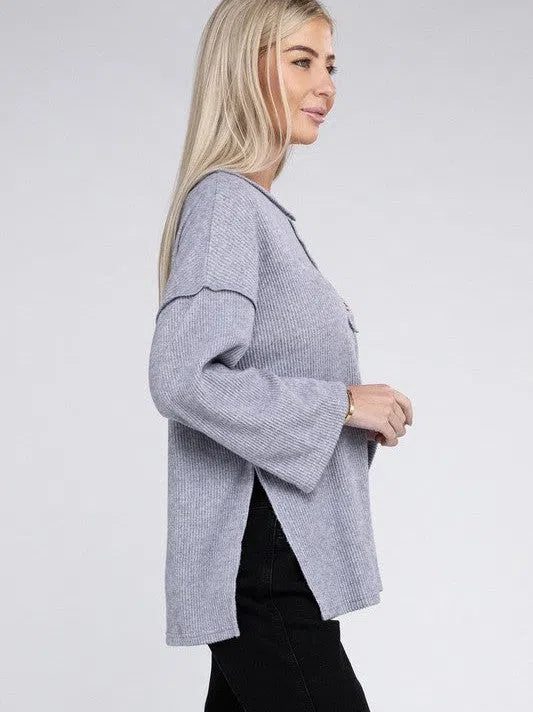 Ribbed  Brushed Button Sweater Top