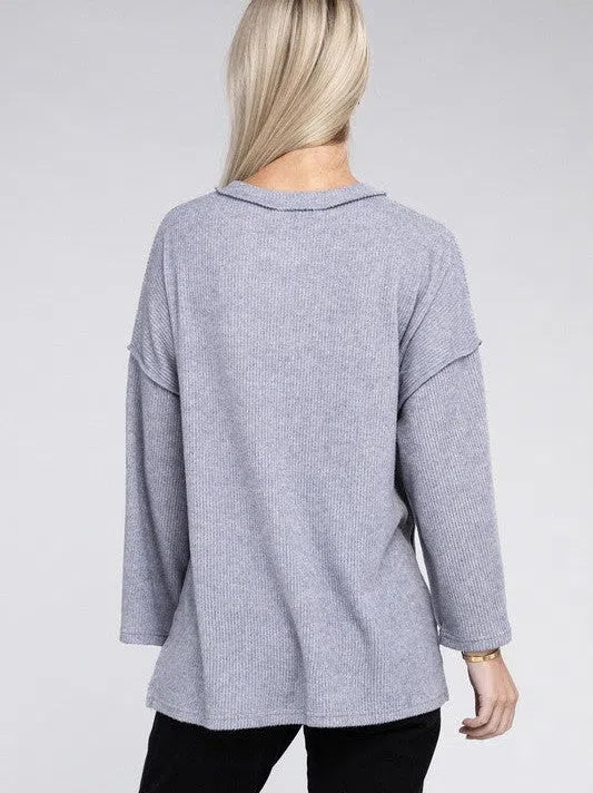 Ribbed  Brushed Button Sweater Top