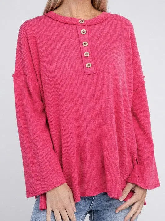 Ribbed  Brushed Button Sweater Top