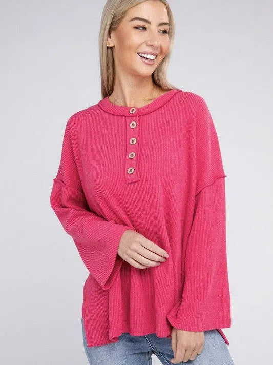 Ribbed  Brushed Button Sweater Top
