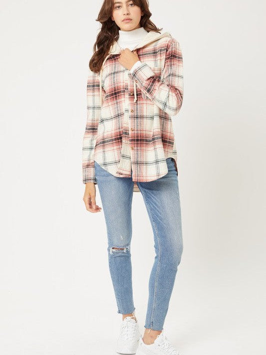 Plaid Flannel Button Up Shacket with Hood