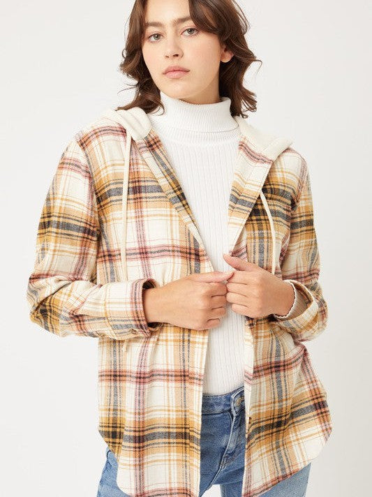 Plaid Flannel Button Up Shacket with Hood